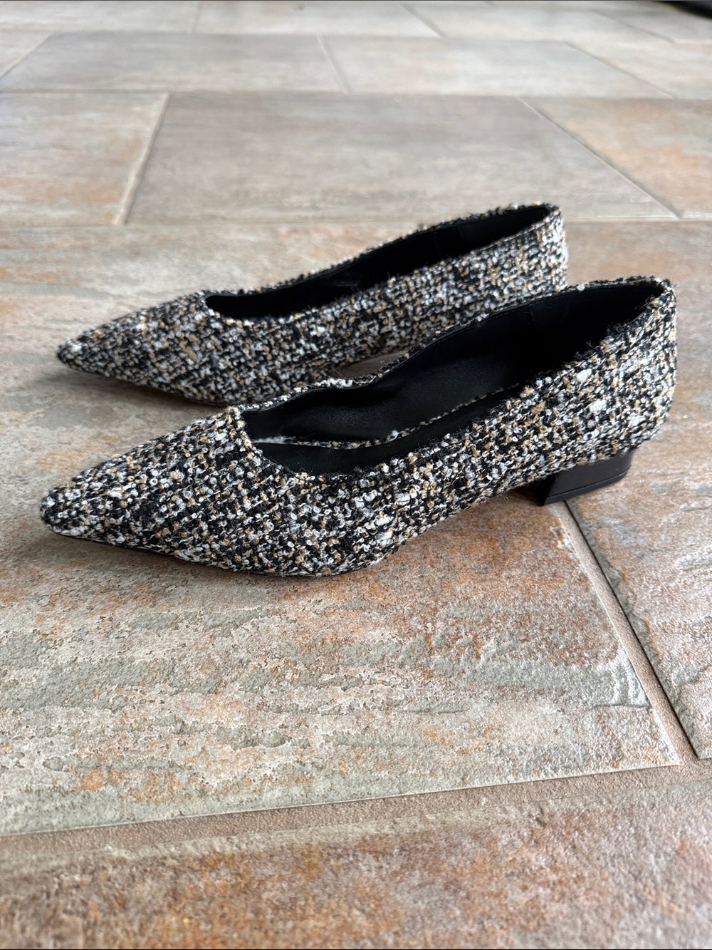 J. McLaughlin Tweed Pointed Toe Low Heel Pumps - Black/White/Cream